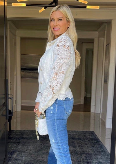 The Pink Door Lace w/ Pearl Buttons Jacket - White