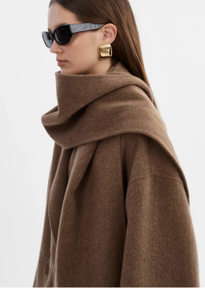 Lamarque Twila 100% Wool Coat W/ Scarf Heather Brown