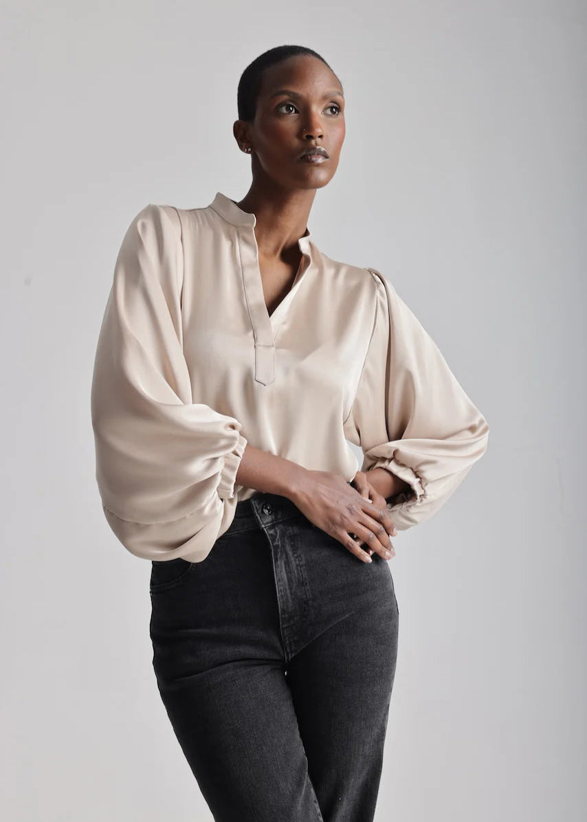 Lele Balloon Sleeve Satin Blouse Champagne