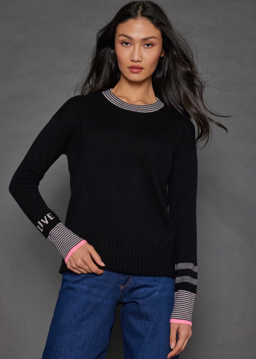 Lisa Todd Love Story Softest Cashmere Crew Neck Sweater w Striped Detail- Onyx