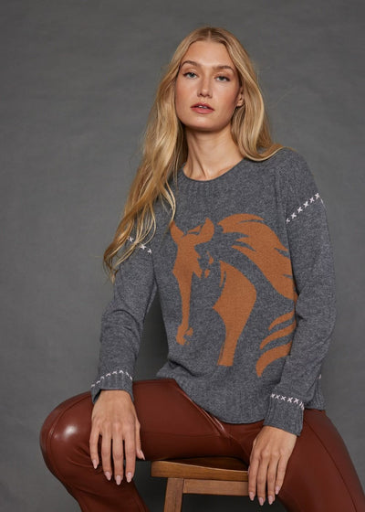 Lisa Todd Cashmere Crew Neck Sweater w Horse Print & Hand Stitch Detail - Ash