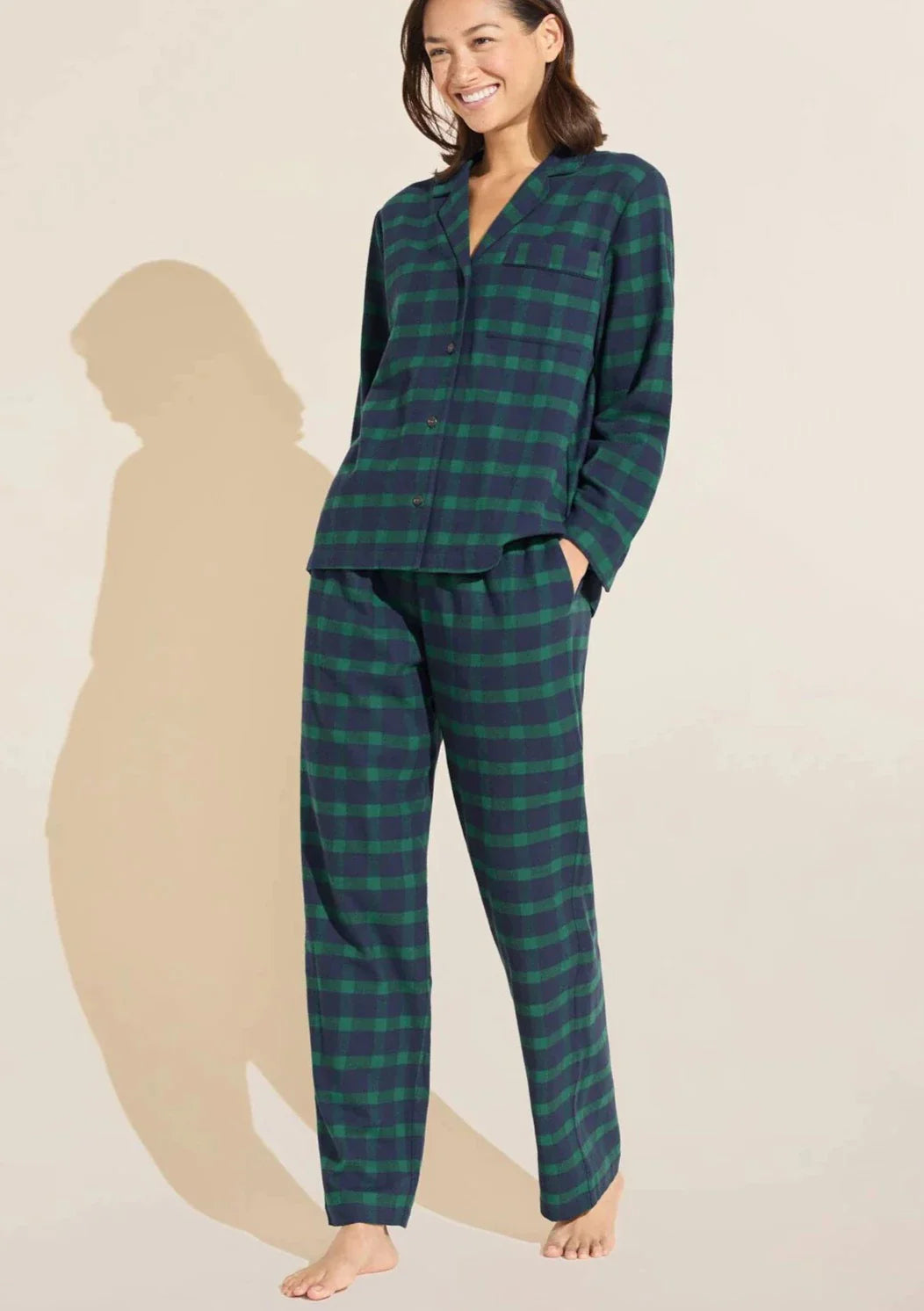 Eberjey Gisele Printed Flannel Long PJ Set - Navy Plaid
