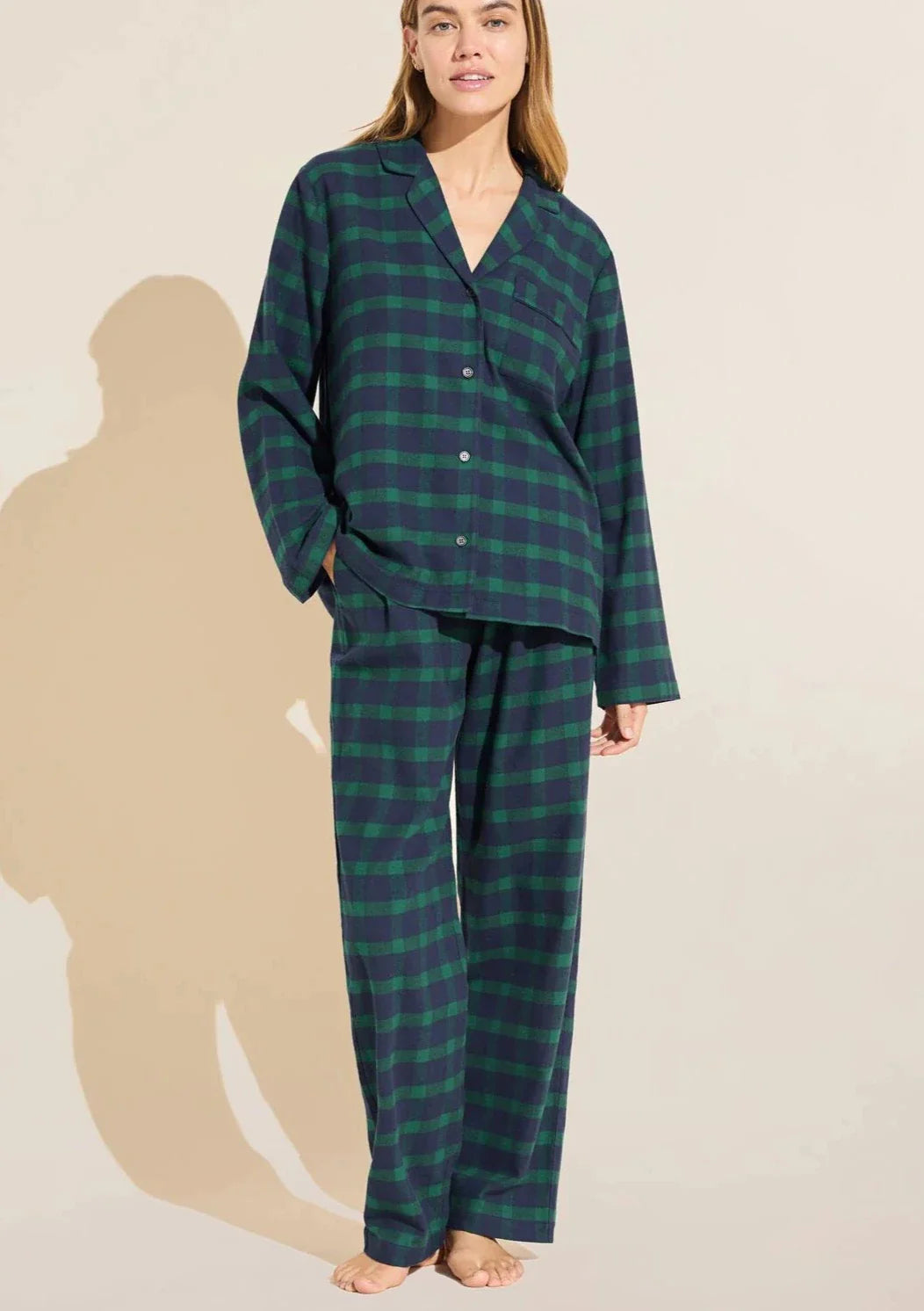 Eberjey Gisele Printed Flannel Long PJ Set - Navy Plaid