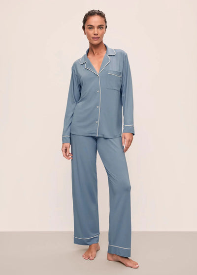 Eberjey Gisele Long PJ Set Faded Denim w/ Ivory Piping