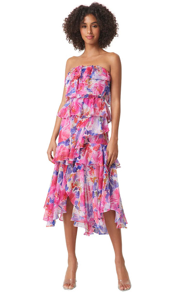 MISA Luciana Strapless Ruffle Tiered Midi Dress - In Full Bloom