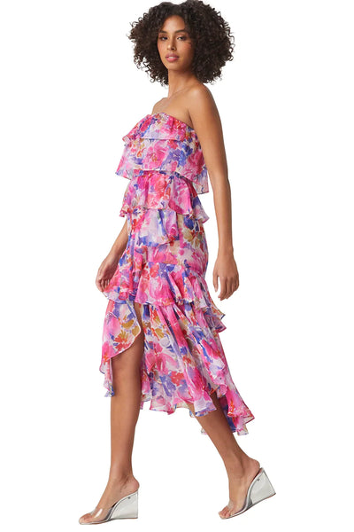 MISA Luciana Strapless Ruffle Tiered Midi Dress - In Full Bloom