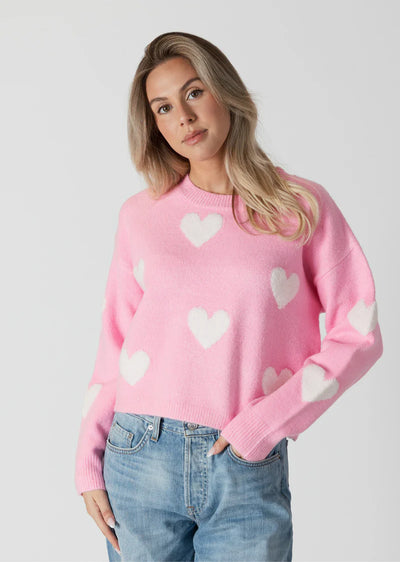 Lyla & Luxe Crewneck Sweater W/ Sherpa Hearts Pink