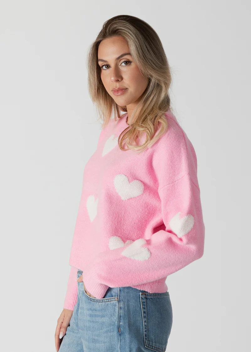 Lyla & Luxe Crewneck Sweater W/ Sherpa Hearts Pink