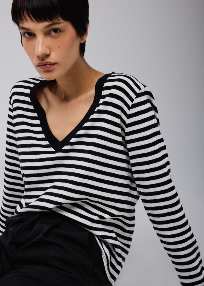Majestic Organic Cotton Stripe L/S V- Neck Black/White
