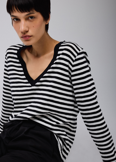 Majestic Organic Cotton Stripe L/S V- Neck Black/White