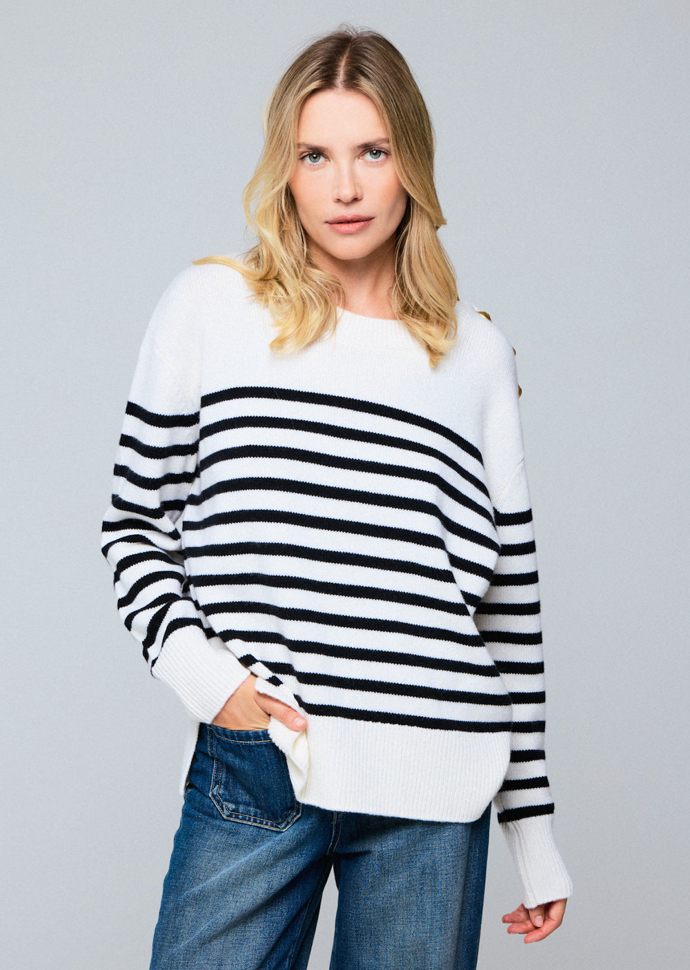 Majestic Wool Cashmere L/S Stripe Crewneck White/Black