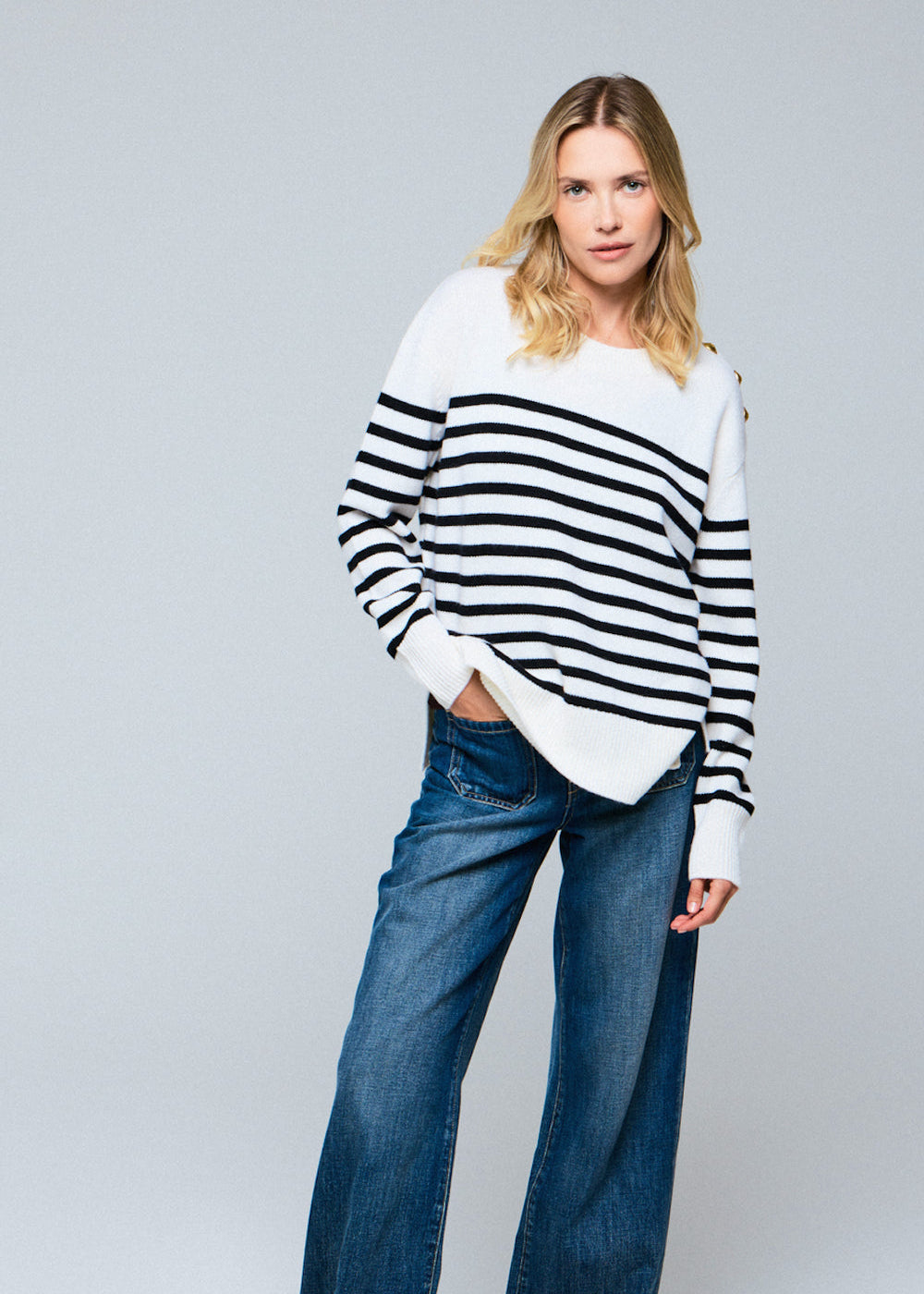 Majestic Wool Cashmere L/S Stripe Crewneck White/Black