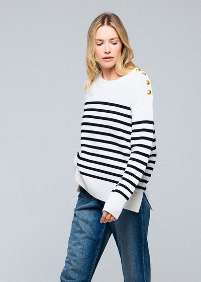Majestic Wool Cashmere L/S Stripe Crewneck White/Black