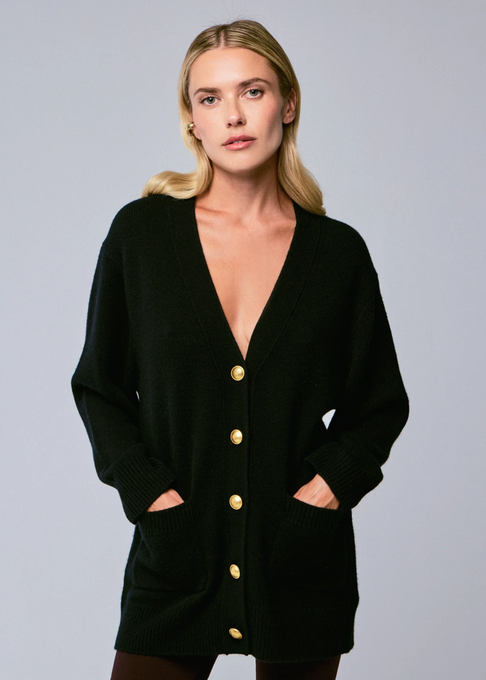 Majestic Wool Cashmere V-Neck Cardigan w/ Gold Buttons Black