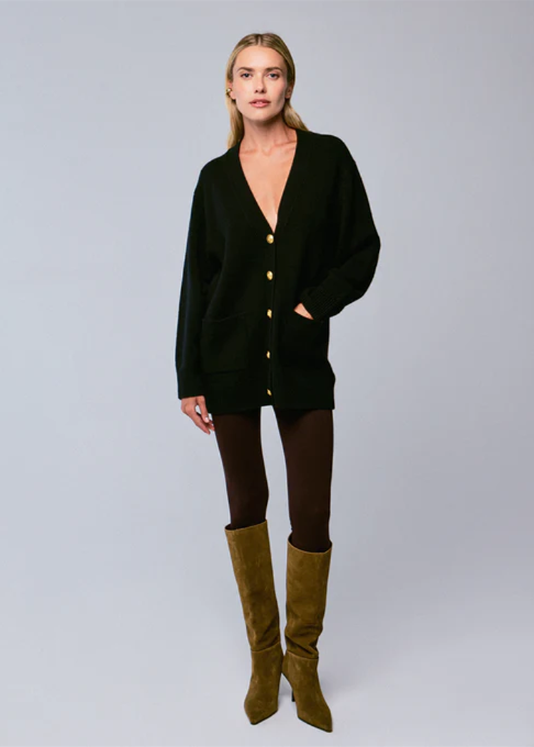 Majestic Wool Cashmere V-Neck Cardigan w/ Gold Buttons Black