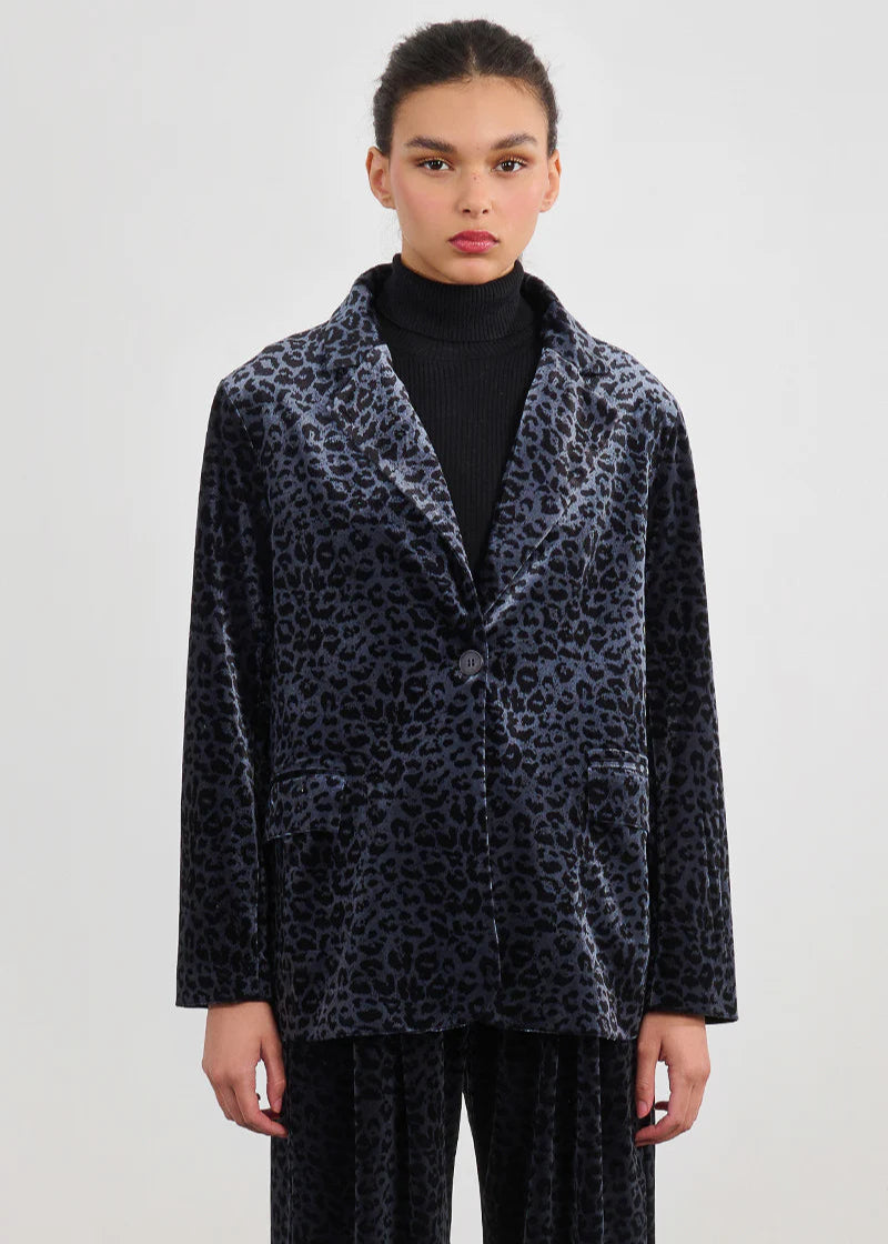 Molly Bracken Leopard Velvet Burnout Blazer Dark Grey