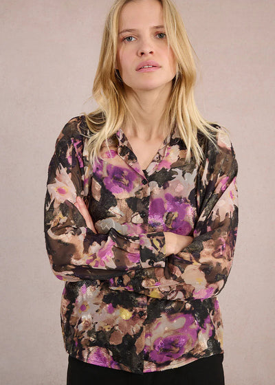 Molly Bracken Plum Floral Print Blouse Black
