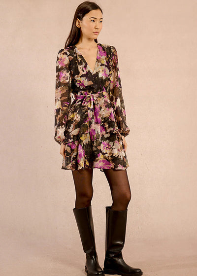 Molly Bracken Plum Floral Print Dress Black