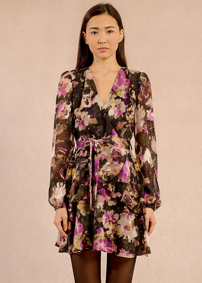 Molly Bracken Plum Floral Print Dress Black