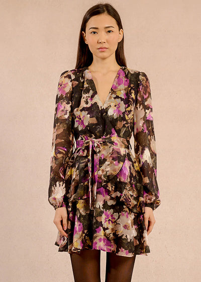 Molly Bracken Plum Floral Print Dress Black