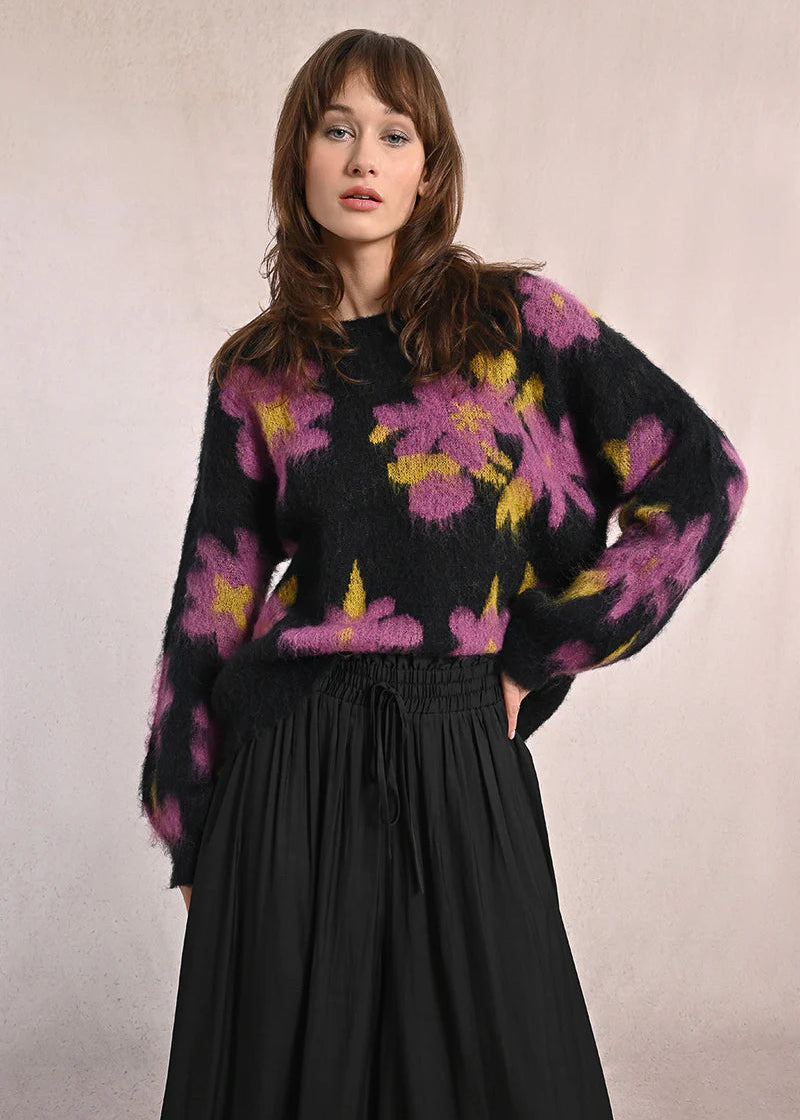 Molly Bracken Plum Floral Sweater Black