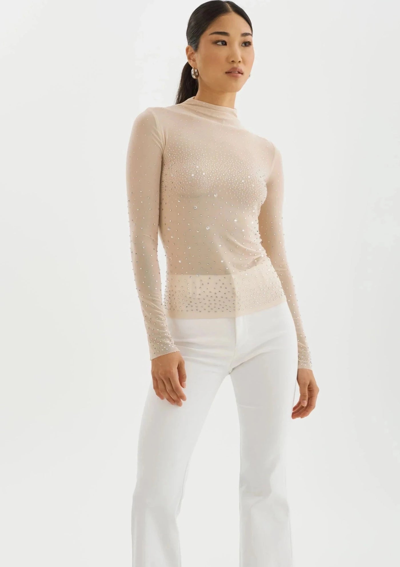 Lamarque Nellis L/S Mesh Top w/ Crystal Details - Bisque 