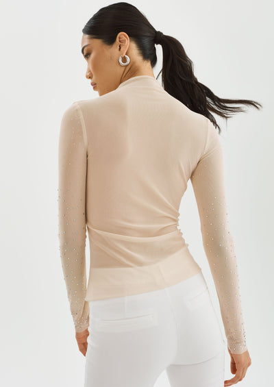 Lamarque Nellis L/S Mesh Top w/ Crystal Details - Bisque 