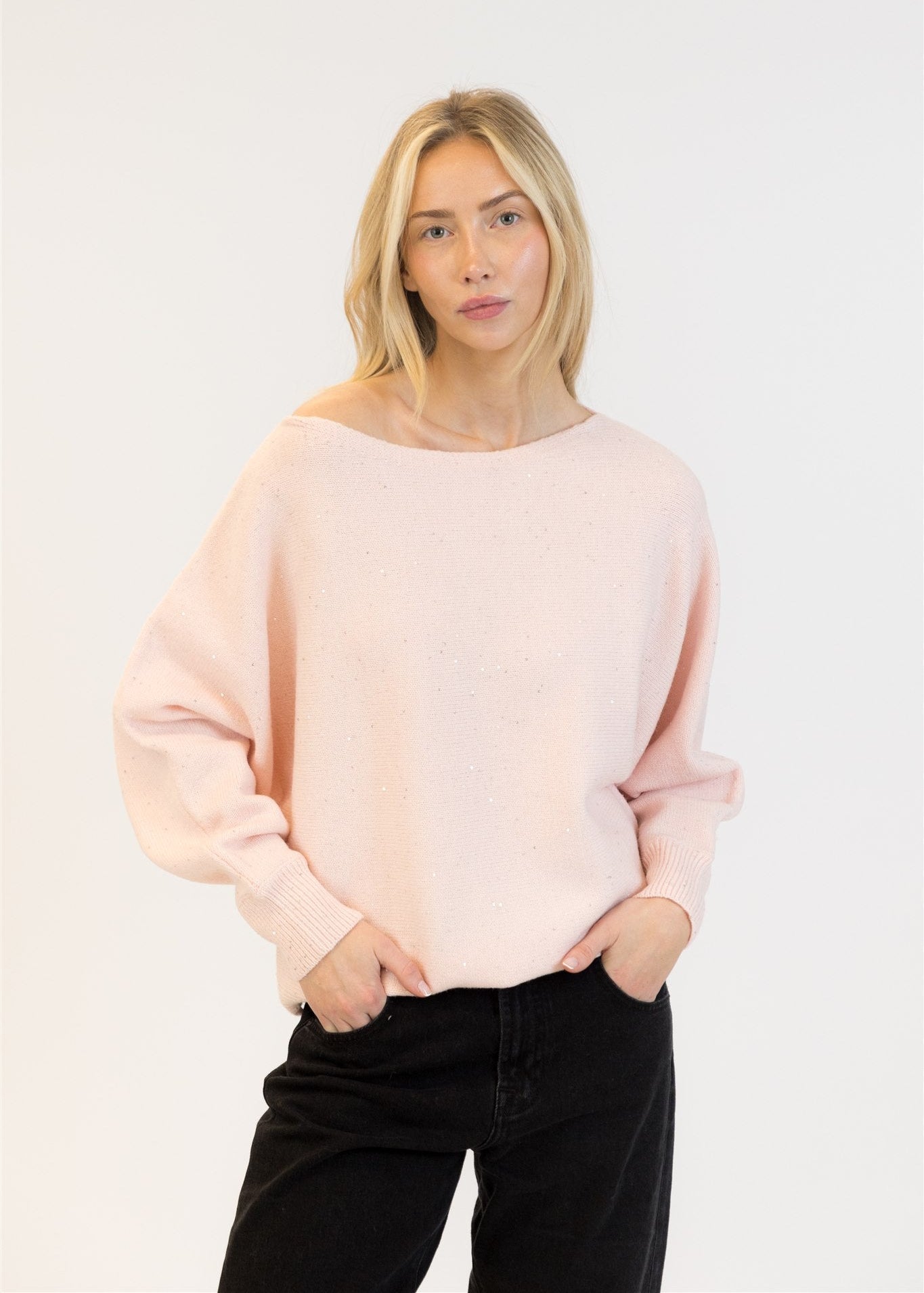 Lyla & Luxe Nobu Sequin Boatneck Pullover Sweater Pink