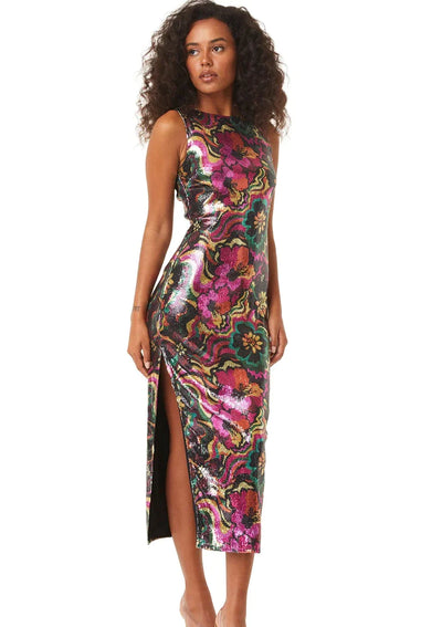MISA Nakia Floral Groove Sequin Long Dress - Multicolour