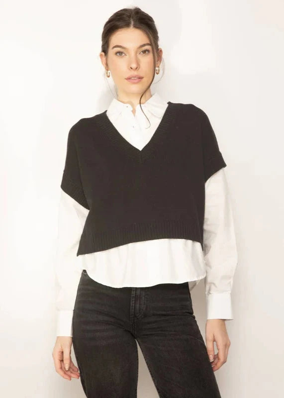 Central Park West Tessa Crop V-neck Twofer Top Black
