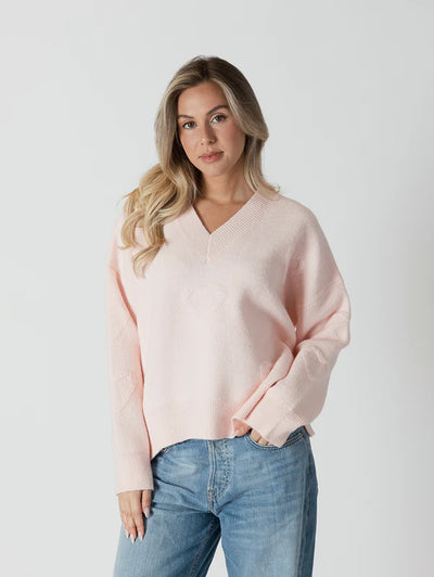 Lyla & Luxe V-Neck Sweater W/Puffy Hearts Pink