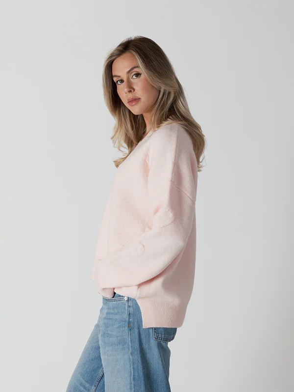Lyla & Luxe V-Neck Sweater W/Puffy Hearts Pink