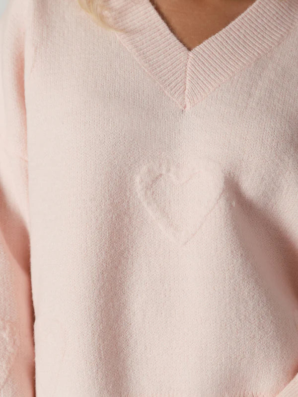 Lyla & Luxe V-Neck Sweater W/Puffy Hearts Pink