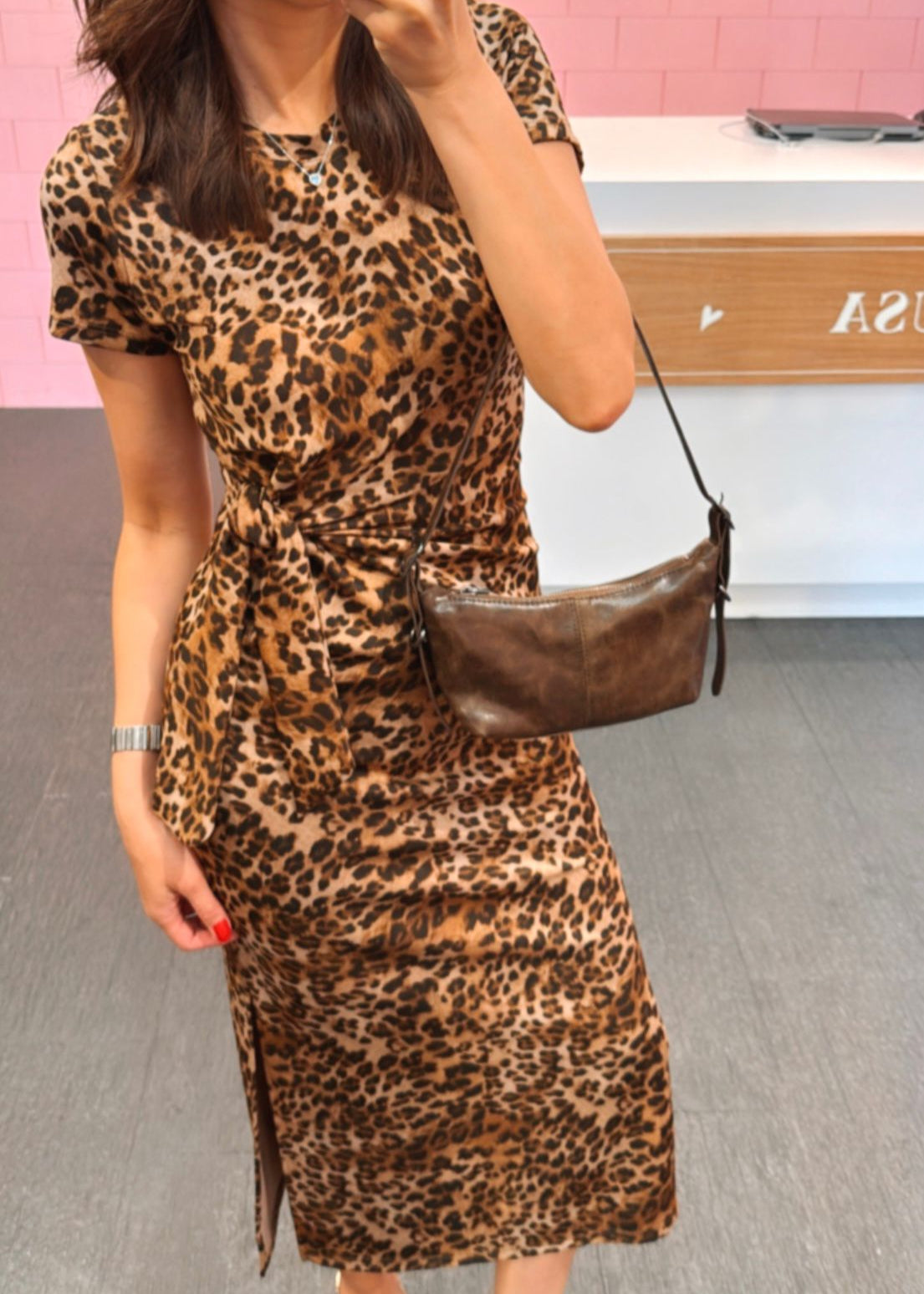 The Pink Door Knit Side Tie Leopard Dress