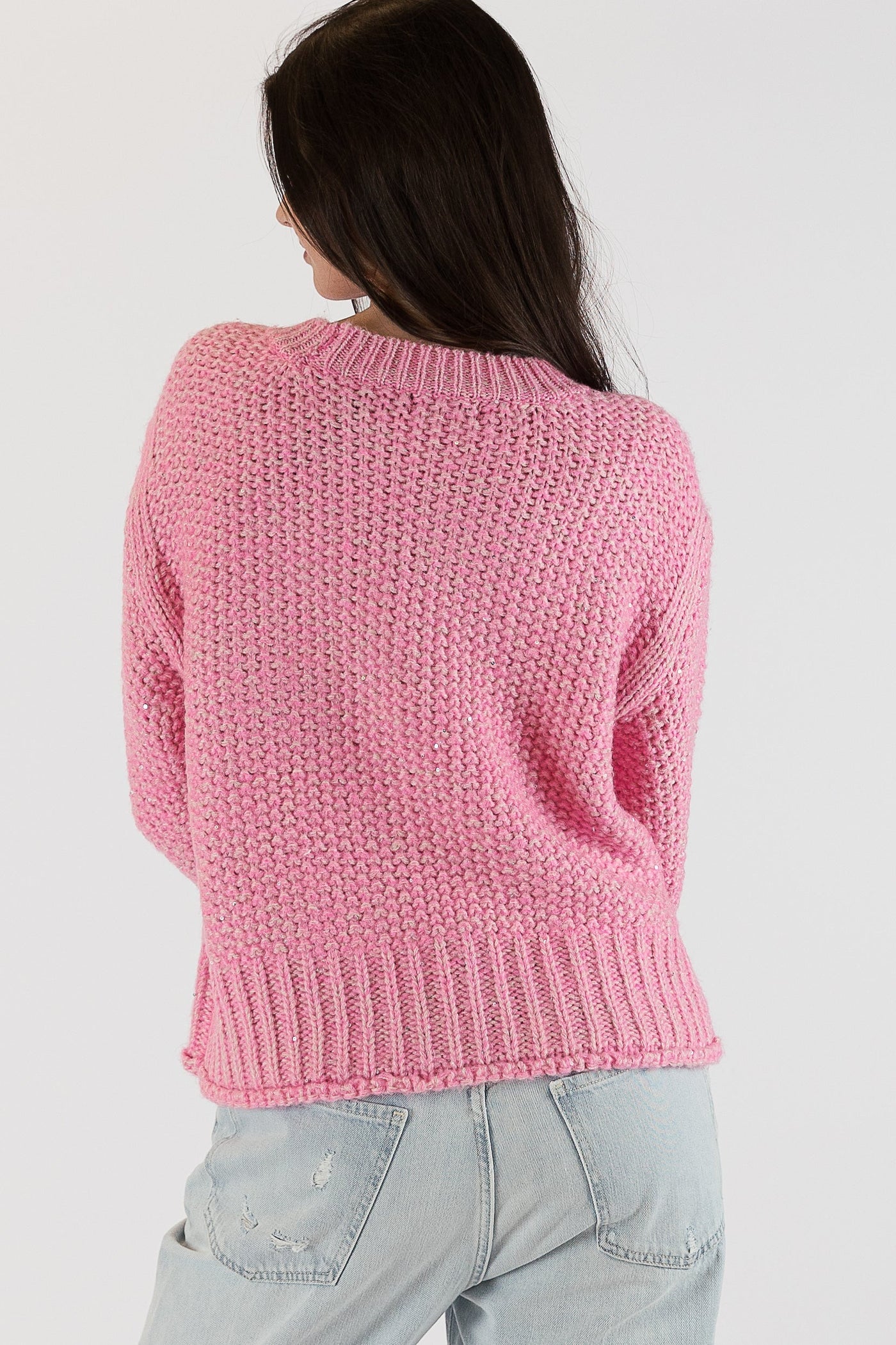 The Pink Door Crew Neck Sparkle Sweater - Pink