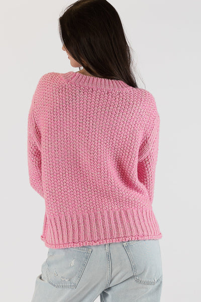 The Pink Door Crew Neck Sparkle Sweater - Pink