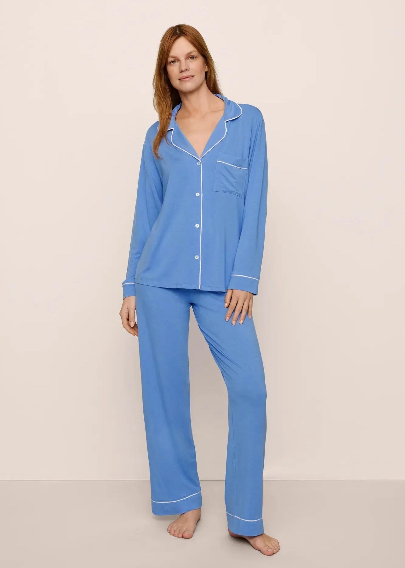 Eberjey Gisele Long PJ Set Cornflower Blue/White