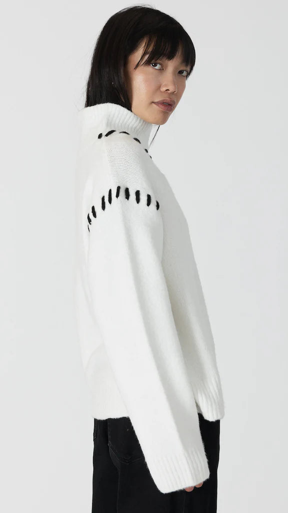 Lyla & Luxe Ribbed Mock neck W/ Whip Stitching White