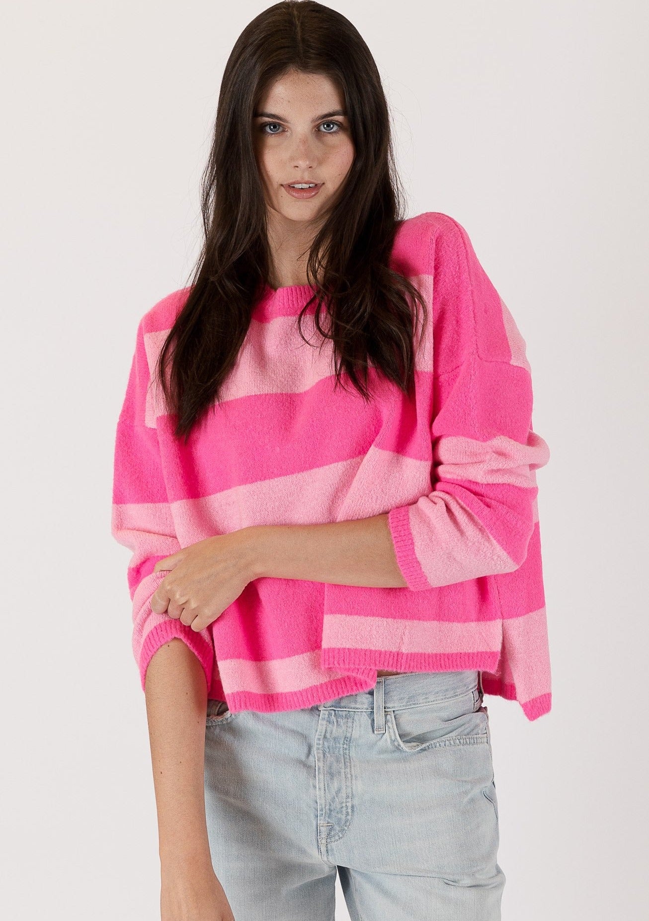 The Pink Door Crew Neck Striped Sweater - Fuchsia/Pink