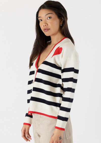 The Pink Door Stripped Cardigan w/ Red Heart Detail - White/Navy