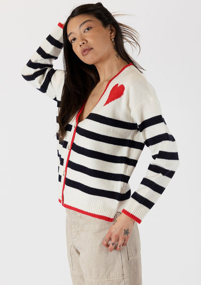 The Pink Door Stripped Cardigan w/ Red Heart Detail - White/Navy
