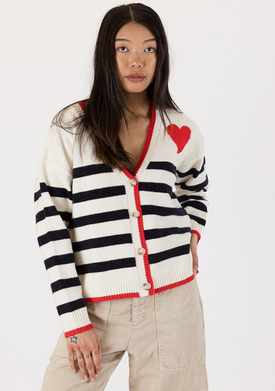 The Pink Door Stripped Cardigan w/ Red Heart Detail - White/Navy
