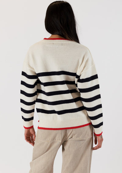 The Pink Door Stripped Cardigan w/ Red Heart Detail - White/Navy