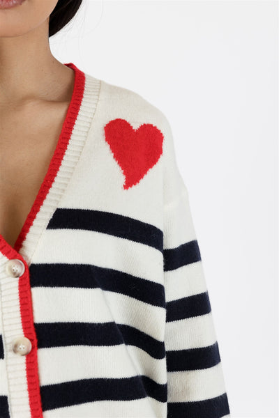 The Pink Door Striped Cardigan w/ Red Heart Detail - White/Navy