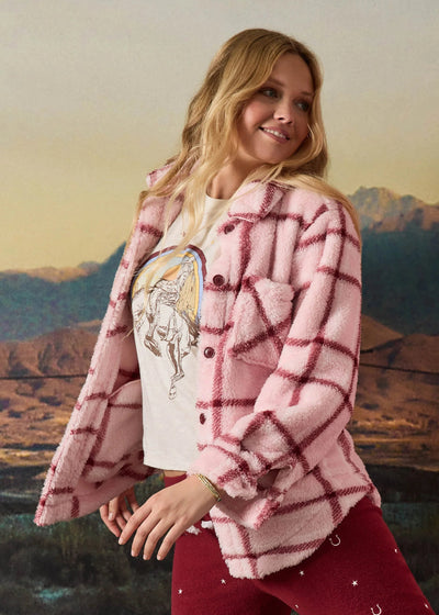 PJ Salvage Let’s Get Cozy Plaid Plush Jacket Baby Pink