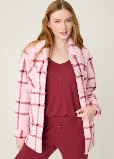 PJ Salvage Let’s Get Cozy Plaid Plush Jacket Baby Pink