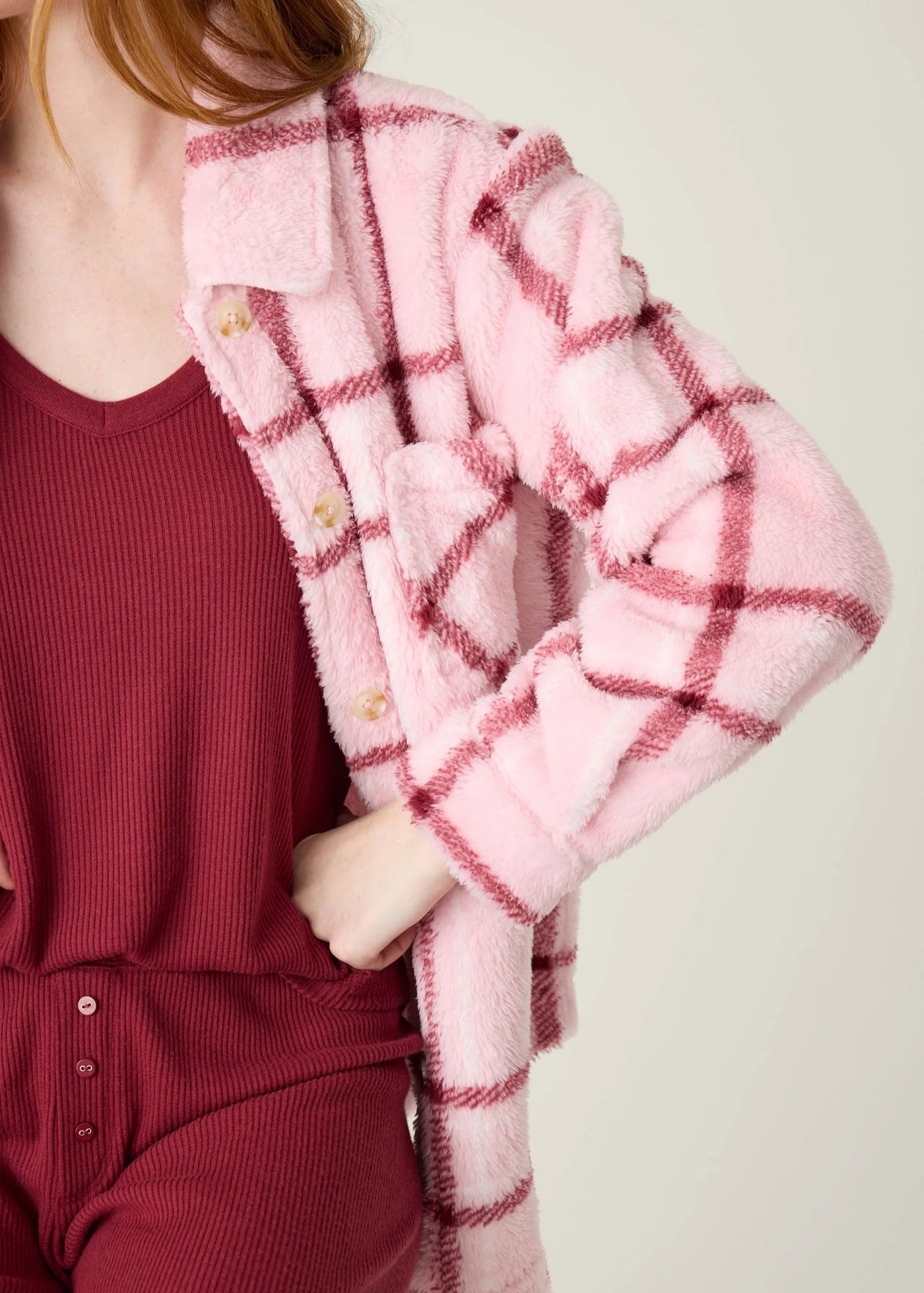 PJ Salvage Let’s Get Cozy Plaid Plush Jacket Baby Pink