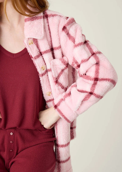 PJ Salvage Let’s Get Cozy Plaid Plush Jacket Baby Pink