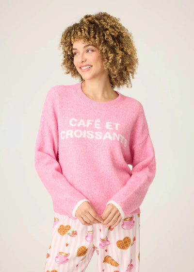 PJ Salvage Cafe Et Croissants Snuggle Sweater Bright Pink