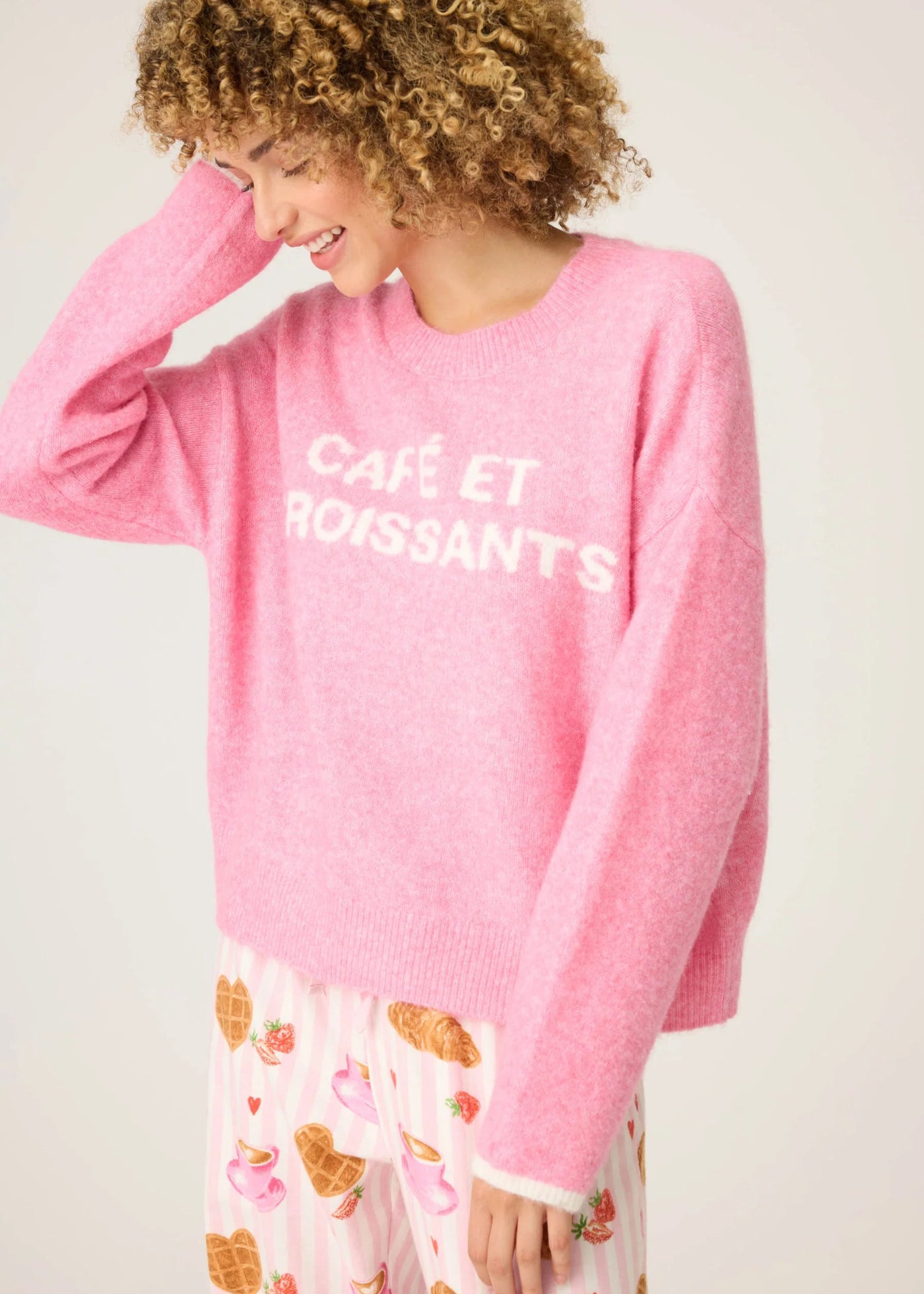 PJ Salvage Cafe Et Croissants Snuggle Sweater Bright Pink